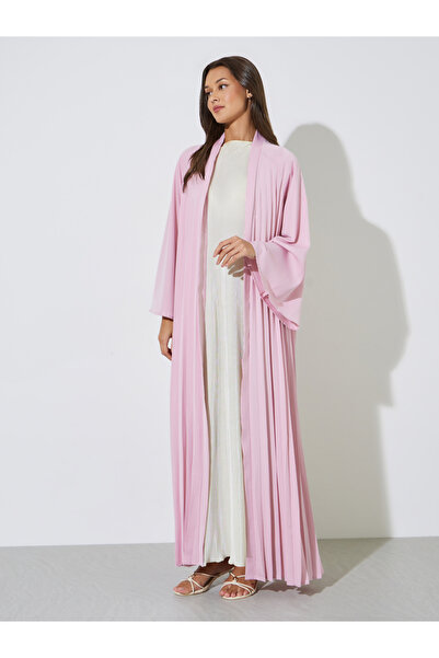 Amirah By Styli Light Pink Solid Pleated Open Front Abaya