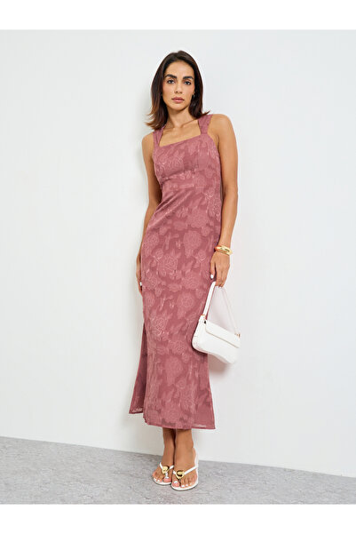 Take Two By Styli Pink Solid Lace Details Square Neck Midi Dress
