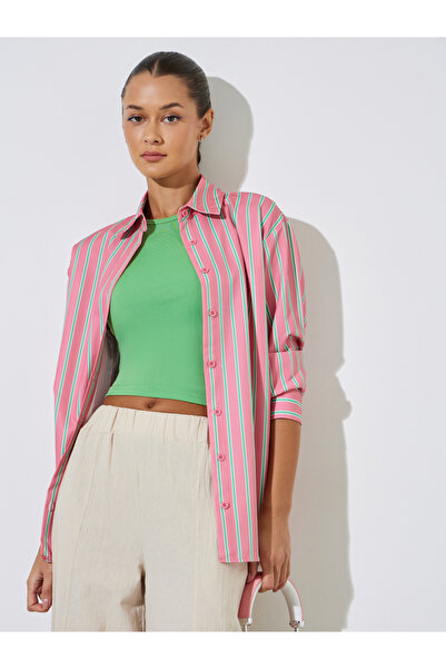 Styli Pink Striped Long Sleeves Oversized Shirt with Tank Top