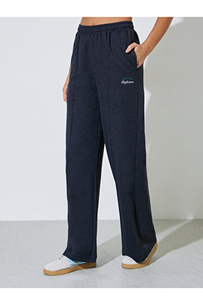 Styli Charcoal Slogan Print Wide Leg Knitted Joggers with Pintuck Details