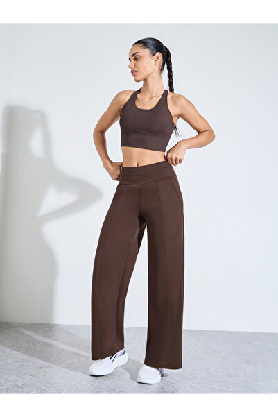 Styli Brown Solid Pintuck Details Straight Leg Activewear Pants
