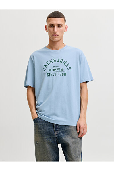 Jack & Jones Light Blue Crew Neck T-Shirt with Logo Print
