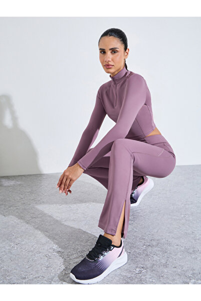 Styli Pink Solid Half-Zip High Neck Crop Top and Flared leggings Activewear Set