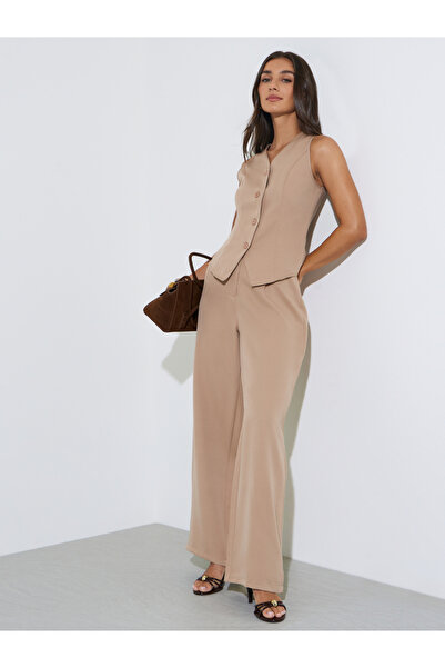 Styli Khaki Solid Waistcoat and Wide-Leg Trousers Co-ord Set