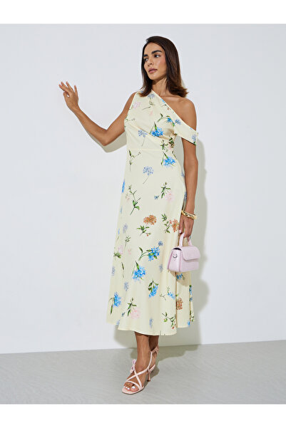 Styli Yellow Floral Print One-Shoulder A-Line Maxi Dress