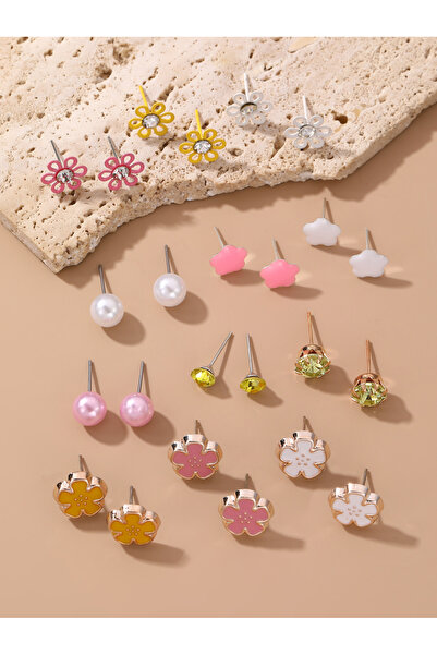 Take Two By Styli Girls Set of 12 - Flower and Pearl Stud Earrings