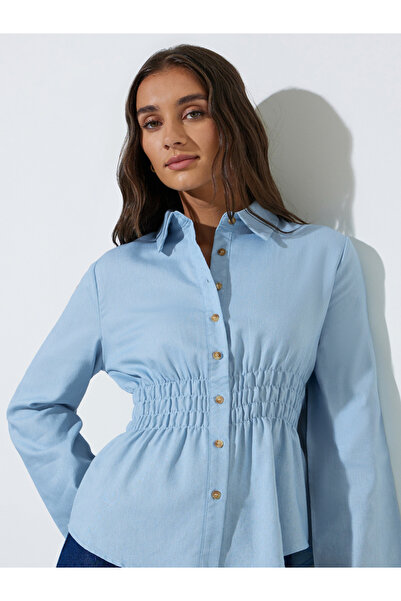 Styli Light Blue Long Sleeves Shirred Waist Denim Shirt