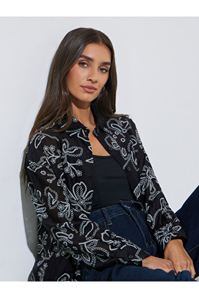 Styli Navy Blue Eyelet Embroidered Longline Oversized Shirt