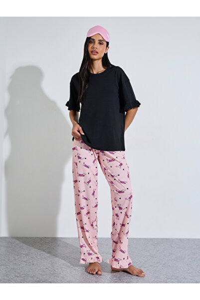 Styli Multi-Color Solid Ruffle Sleeves T-Shirt and All Over Dog Print Pants P...