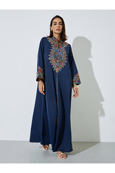 Amirah By Styli Navy Blue Embroidered Long Sleeves Maxi Jalabiya
