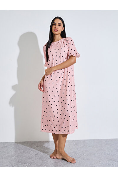 Styli Pink All Over Heart Print Ruffled Short Sleeves Sleep T-Shirt Dress