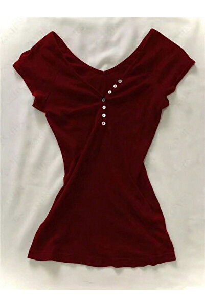 Take Two By Styli Burgundy Button Detail V-Neck Top