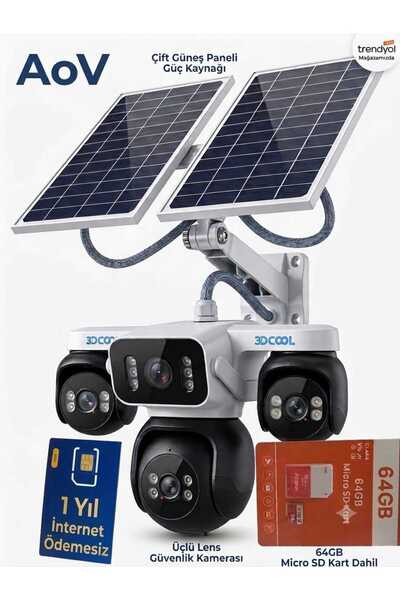 3DCool 4 Lensli 8MP Yıllık İnternet Yüklü 64GB Hafıza Kartı Dahil Solar Enerjili Güvenlik Kamerası