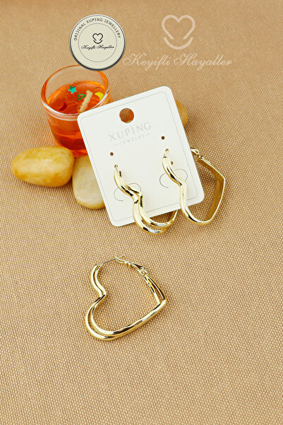 Keyifli Hayaller Xuping Küpe - 1 Çift Xuping 2,5cm Birleşik Kalp Halka Model Gold Halka Küpe Kararmaz