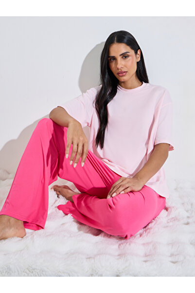 Styli Pink Solid Short Sleeves T-Shirt and Wide Leg Pants Pyjama Set