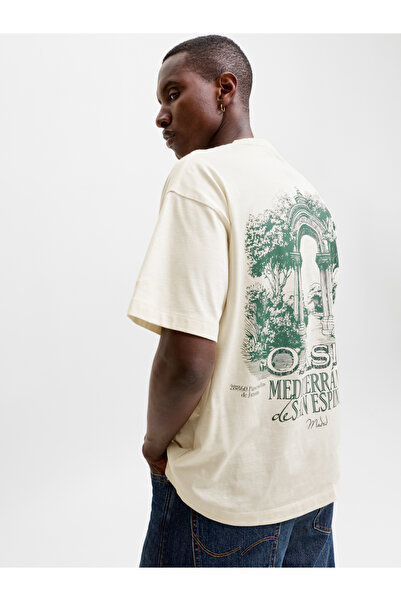 Jack & Jones Cream Sketch Back Crew Neck T-Shirt