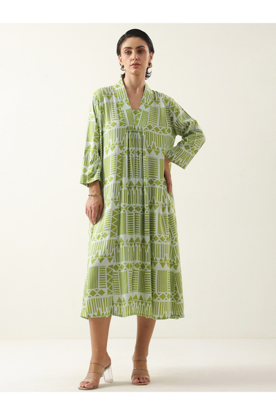Sanskrutihomes By Styli Olive Geometric A-Line Midi Dress with 3/4 Sleeves