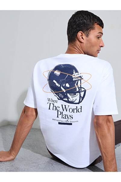 Styli Men White Oversized Back Graphic Print Terry T-Shirt