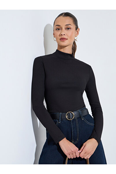 Styli Black Solid High Neck Ribbed Fitted Top