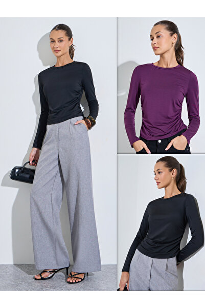 Styli Pack of 2 - Multi-Color Solid Side Ruched Details Fitted T-Shirts