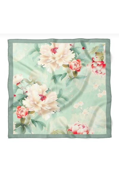 IŞIKTAŞ COLLECTİON Green Peony Pattern Bandana Scarf 50*50 cm