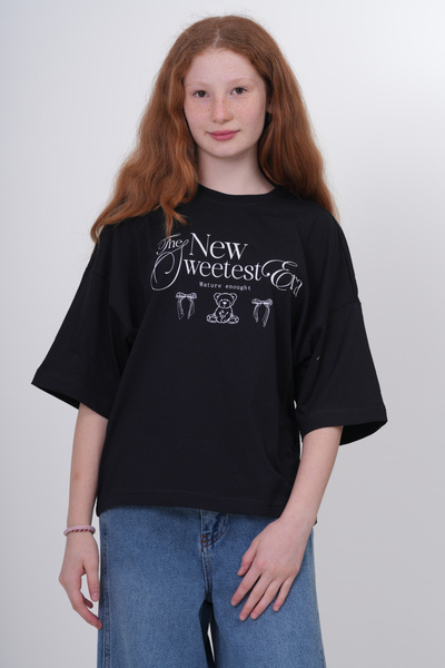 HayKids Teenage Girls' Teddy Bear and Ribbon Printed Oversized T-Shirt – "The New Sweetest Era" Loose Fit Tee