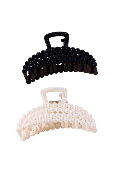 OEM Clame elegante, cu perle, din plastic, alb si negru, 6cm, 2 BUC