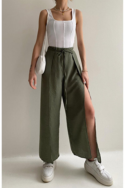 My Blog Khaki Tie-Waist Slit Pants - Dp231007