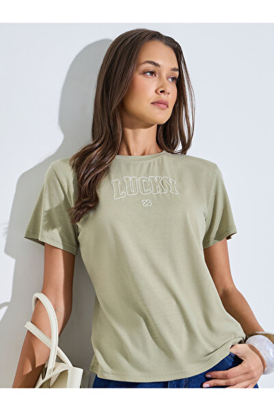 Styli Green Embroidered Short Sleeves Regular Fit T-Shirt