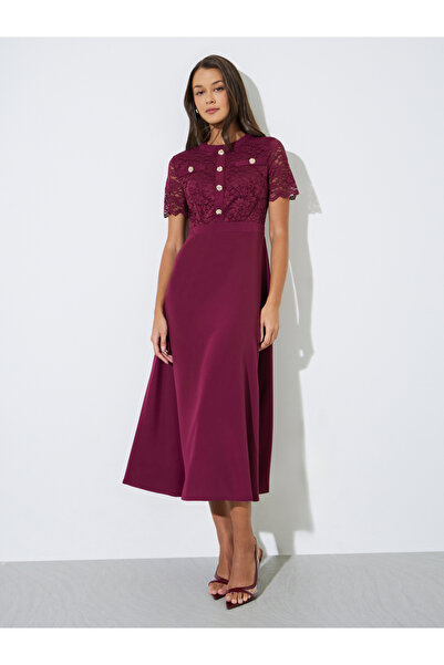 Styli Burgundy Lace and Button Details A-Line Midi Dress