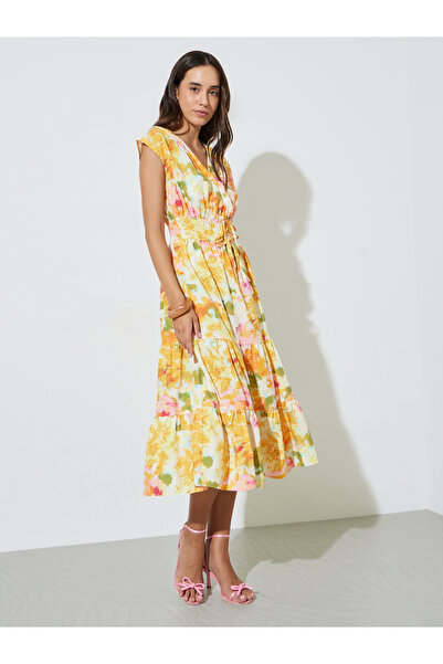 Take Two By Styli Multicolor Printed A-Line Midi Dress with Short Sleeves