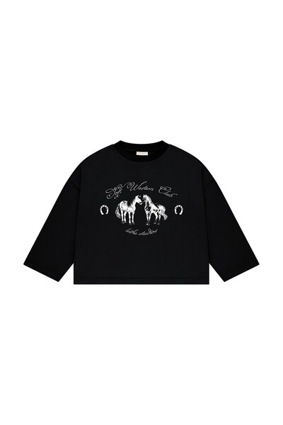 lethestudios Soft Western Club Baskılı Uzun Kollu Basic T-Shirt