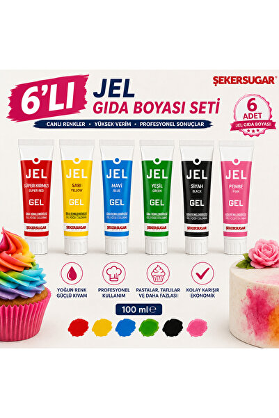 ŞEKER & SUGAR Şeker Sugar Jel Gıda Boyası 100 ml 6'lı Set – Kırmızı Sarı Mavi...