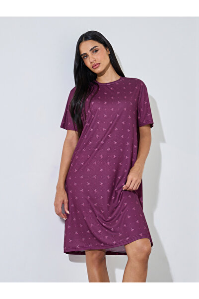 Styli Burgundy All Over Bow and Heart Print Knee Length Sleep T-Shirt Dress