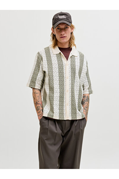 Jack & Jones Off White Striped Knit Polo Shirt
