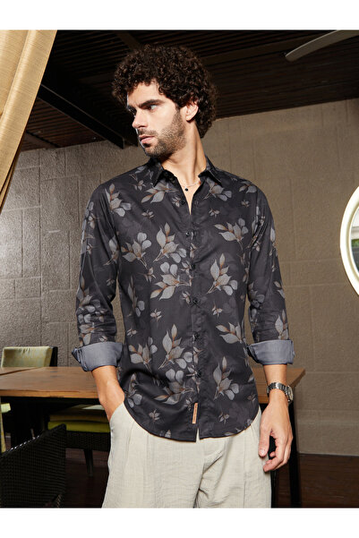 Campus Sutra By Styli Men Midnight Black Stamped-Foliage Shirt