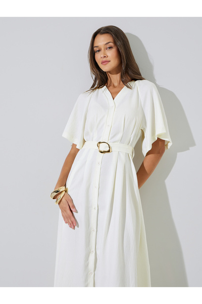 Styli Beige Solid Belted Waist Casual A-Line Maxi Dress