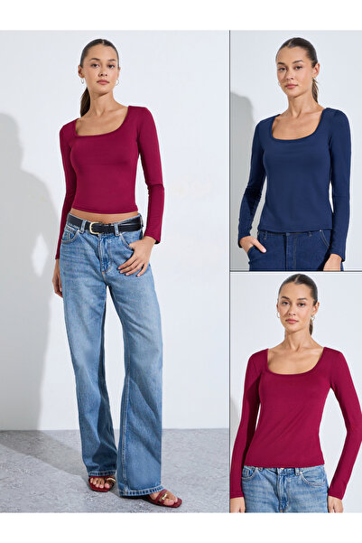 Styli Pack of 2 - Multi-Color Square Neck Long Sleeves Knit T-Shirt
