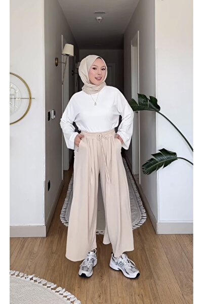 Sovel 100% Cotton Textured Skirt Trousers with Elastic Waist