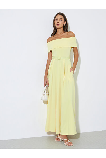 Styli Yellow Off Shoulder Belted A-Line Maxi Dress
