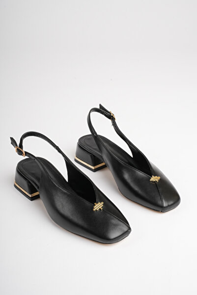 LORVENA Women's Black 4 cm Thick Short Heeled Open-Back Shoes with Gold Detail
