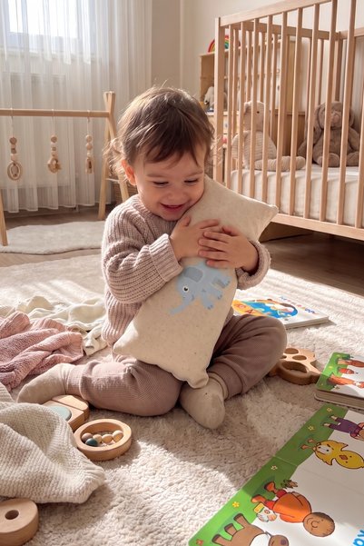 Minishopio Elephant Patterned Cotton Linen Baby Waist Support Pillow Breastfeeding Support Pillow Crib Cushion 15X30 cm