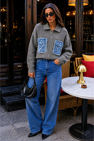 EGEMS TRİKO Women's Zippered Knitwear Sweater – Oversized Cardigan with Jean ...