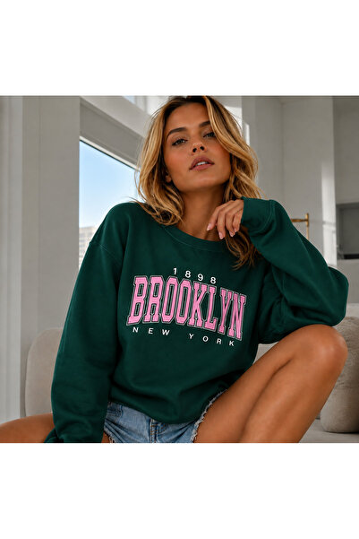 BW Bravely Wear 1898 BROOKLYN Hanorac oversize cu imprimeu pentru femei, cu 3...