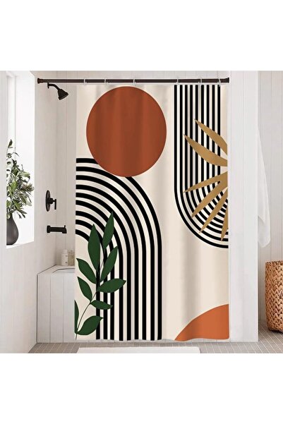 Morvena Picks Perdeau de dus abstract - Teracota, linii geometrice negre, rez...