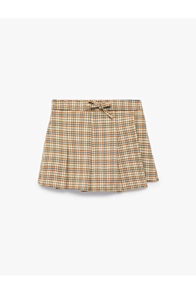 Koton Elastic Waist Bow Detailed Pleated Plaid Mini Skirt