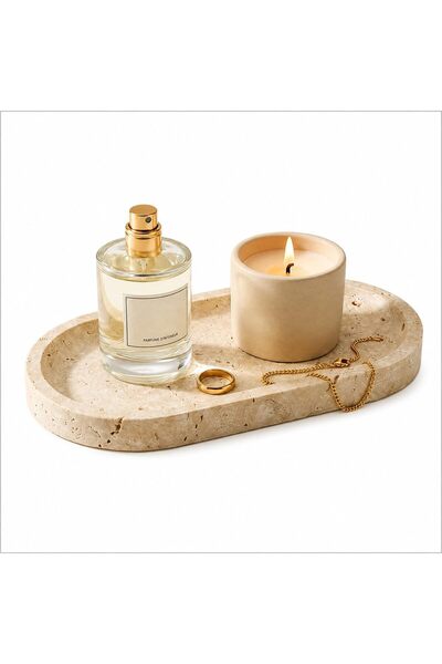 1Chase Natural Travertine Oval Marble Tray – Beige Stone Vanity Tray for Jewe...