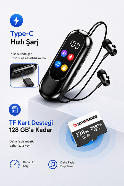 SPRANGE Kablosuz Kulaklık / Bluetooth 5.4 TF Kart Destekli 120 Saat Pil Ömrü Hi Fi Ses Type C Hızlı Şarj Kulaklık /