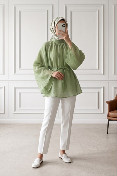 MODAQU Oversize Hakim Collar Belted Lined Lyocell Tunic - Green