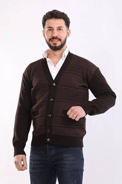KZC TEKSTİL Men's Dad Knitwear Knitted Double Pocket Acrylic Classic Fit Butt...